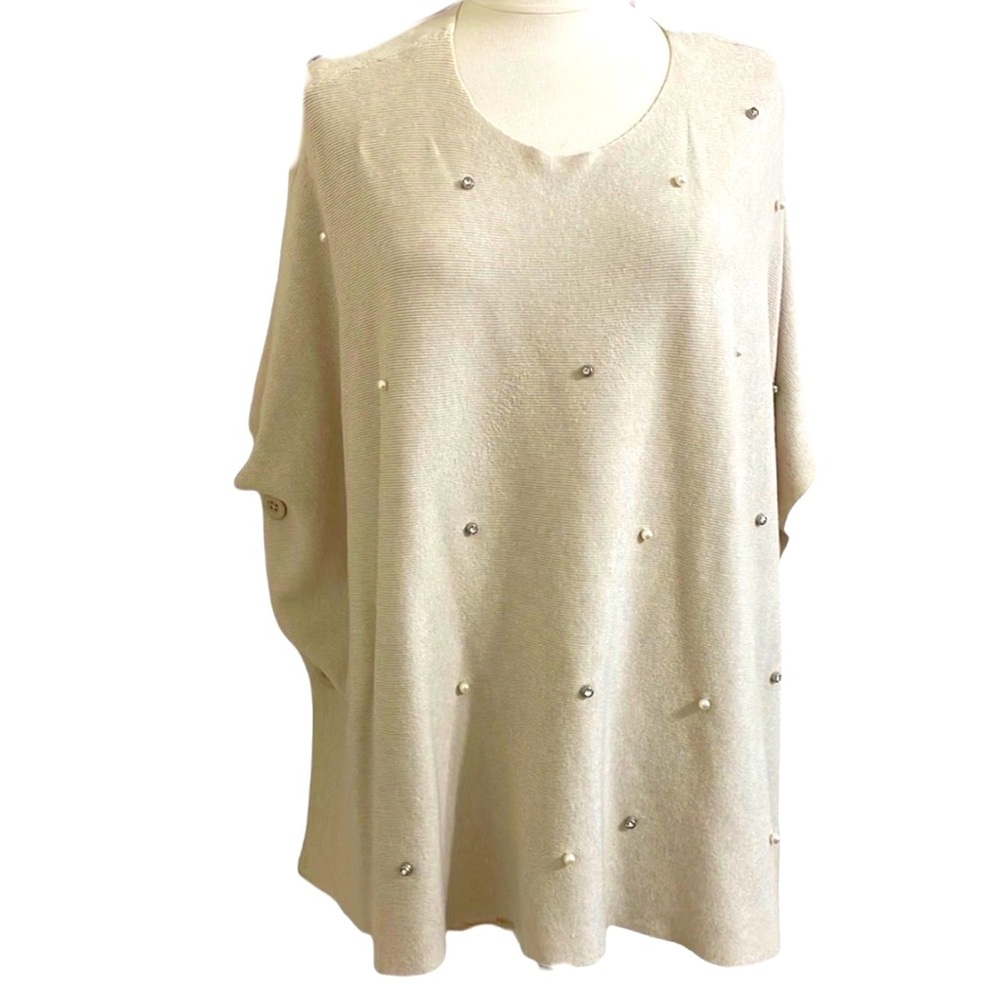 CHARLIE PAIGE Cream Tan Rhinestone and Pearl Embellished Sweater Poncho OS